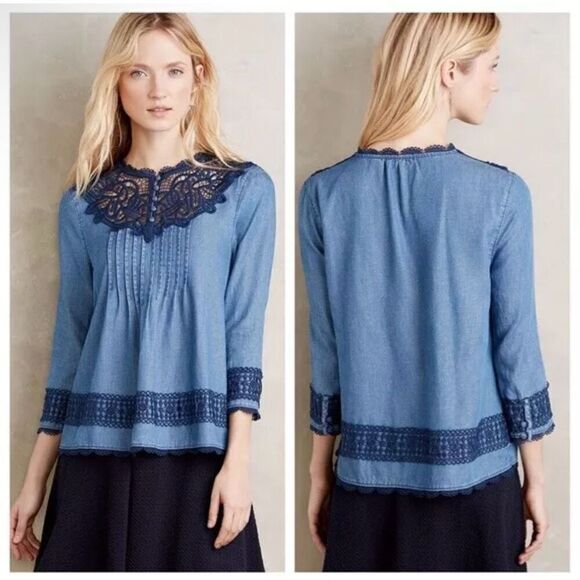 Anthropologie Holding Horses Chambray Blouse with Crochet lace 8 / M boho - Picture 1 of 10